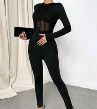 Nowy kombinezon czarny damski z siateczką z długim rękawem 36 s modny