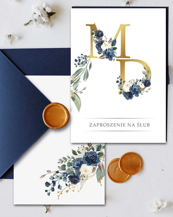 Granatowe zaproszenia ślubne boho inicjały