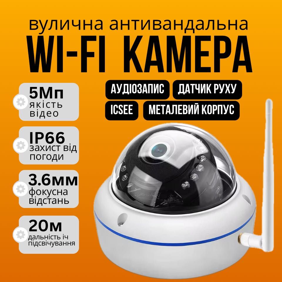 Купольная Wi-Fi IP камера 5Мп, ночное видение микрофон датчик движения