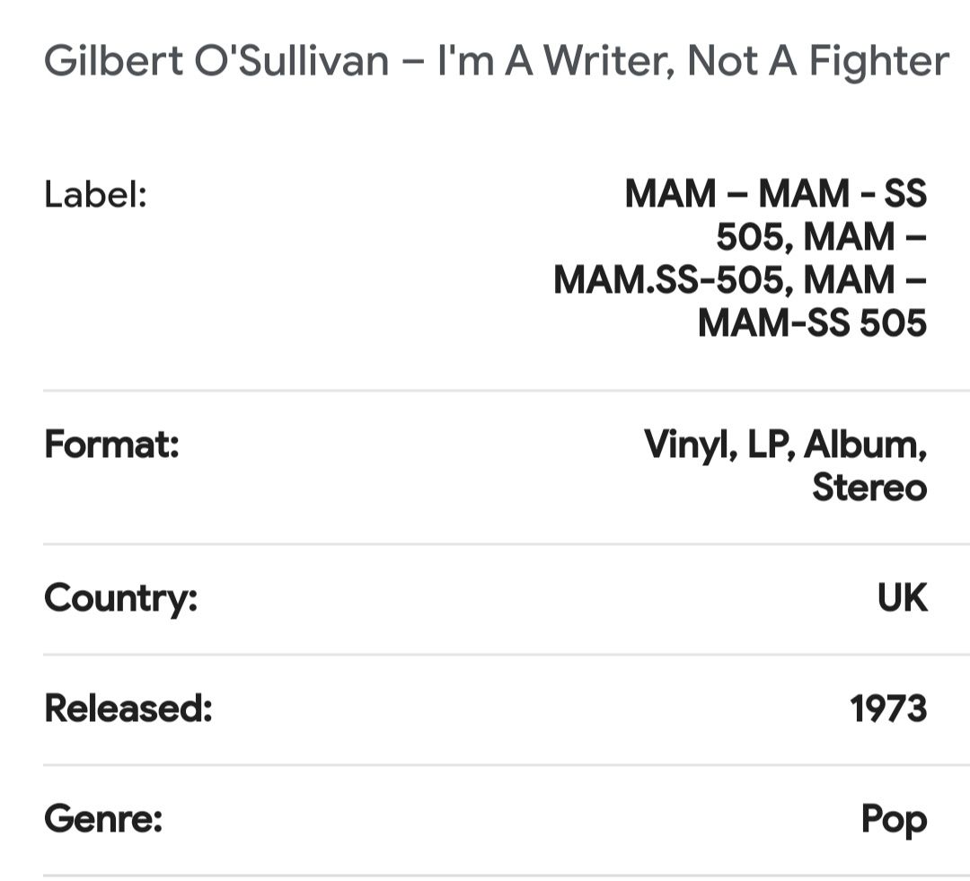 Gilbert O'Sullivan ‎– I'm A Writer, Not A Fighter