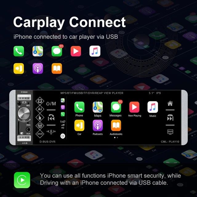 Rádio 1din 5.1 polegadas touch USB AUX Carplay e android Auto NOVO