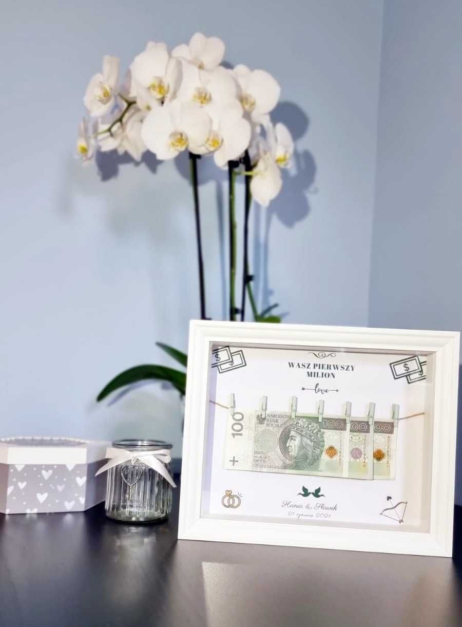 prezent ślubny, pierwszy milion, okrągłe urodziny, banknoty w ramce 3D