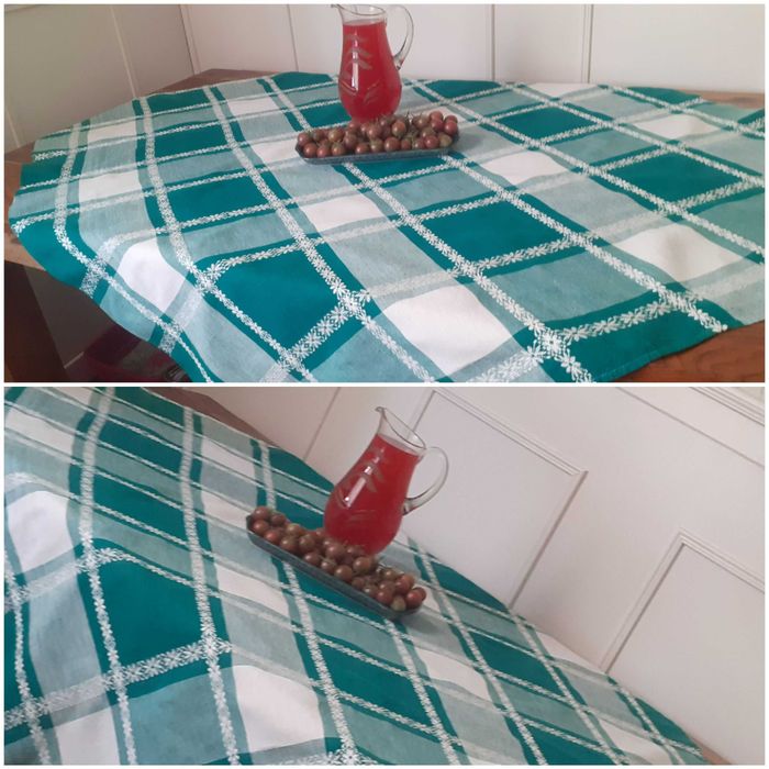 Obrus bawełniany biało zielona krata wzór haftowany