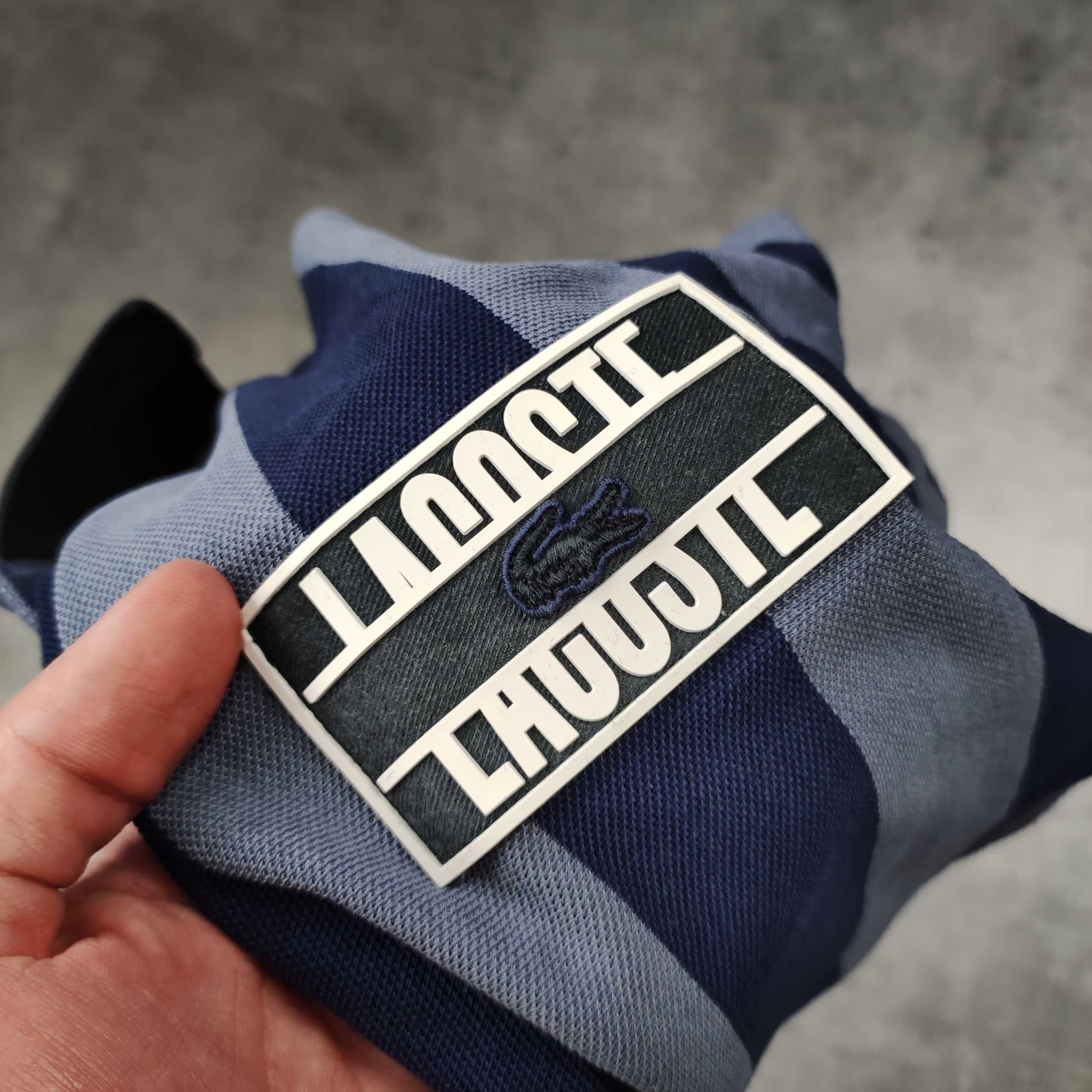 MĘSKA Koszulka Polo Elegancka Paski Kołnierzyk Lacoste Paris Duże Logo