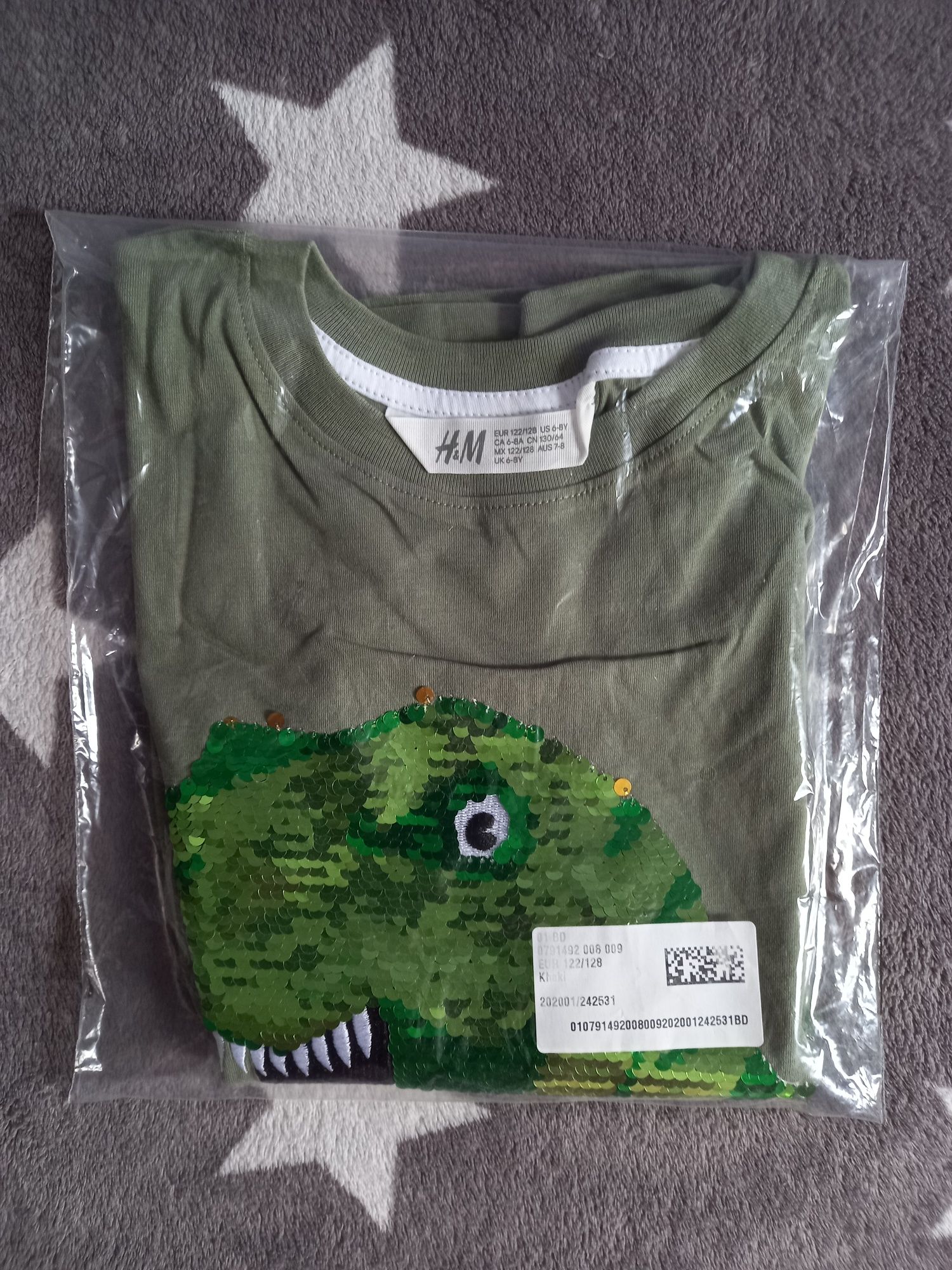 NOWA koszulka tshirt hm h&m 122 128 dinozaur dinozaury cekiny trex