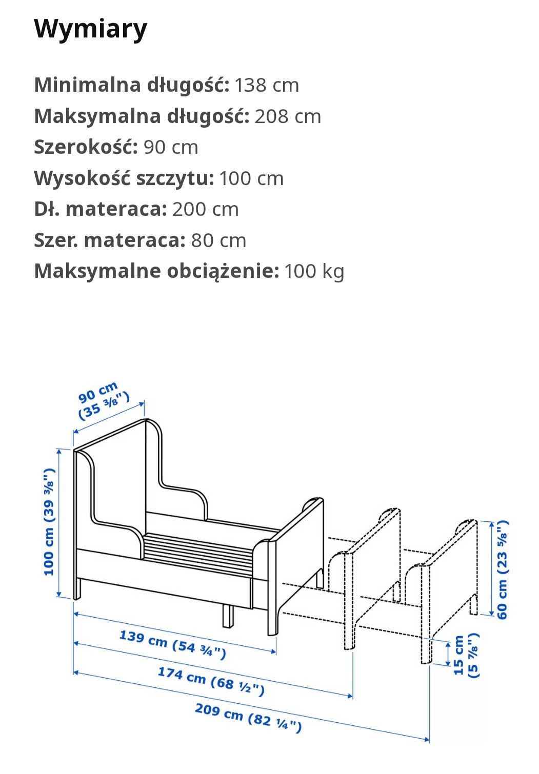 IKEA BUSUNGE łóżko o regulowanej długości + dno