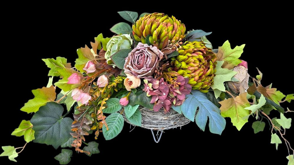 Jesienny komplet stroik wiązanka na grób cmentarz pomnik chryzantemy