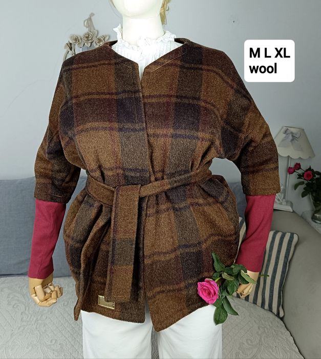 Płaszcz żakiet L XL styl drwala jesienny batwing hygge wełna handmade