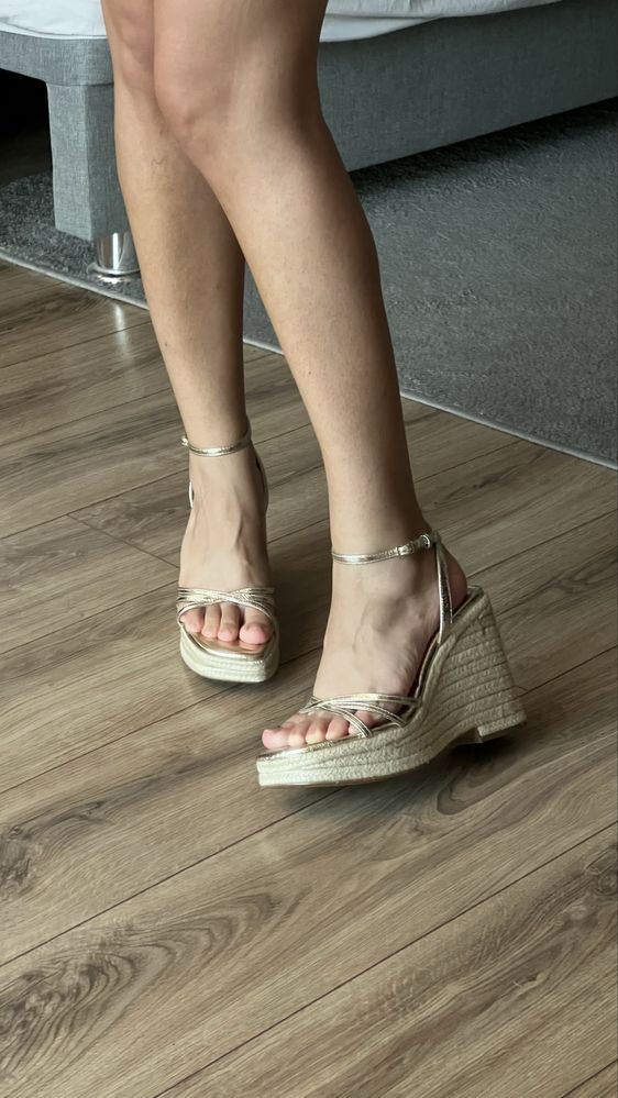 ZARA złote sandały na koturnie espadryle r. 38 (24,5 cm) modne na lat