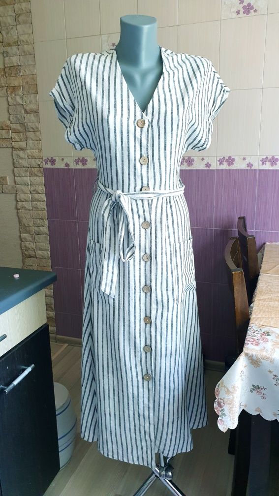 Платье халат новое льняное в полоску в деревенском стиле new look