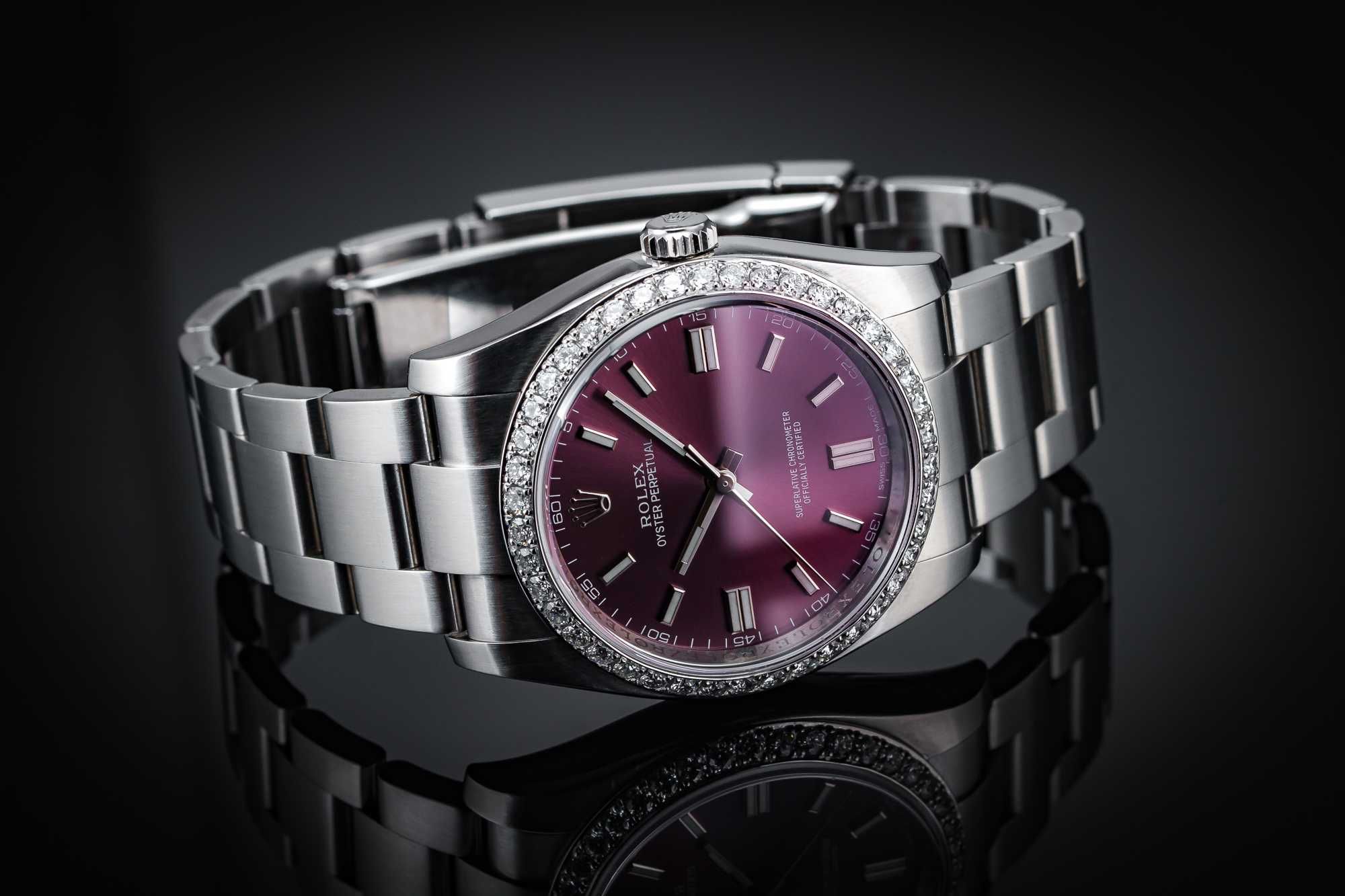 ROLEX Oyster Perpetual 36, RED GRAPE, diamentowy