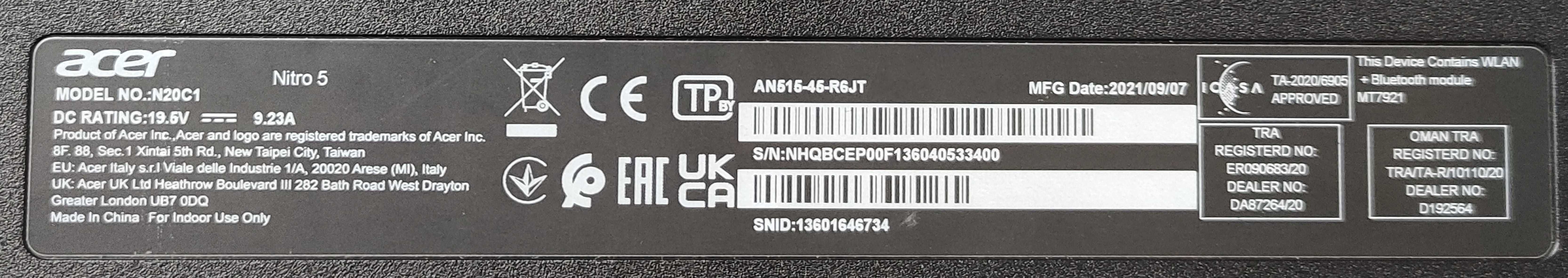 ACER Nitro 5,Ryzen 5 5600H, RTX 3060, DDR4 32 GB RAM, CL22, 1GB SSD