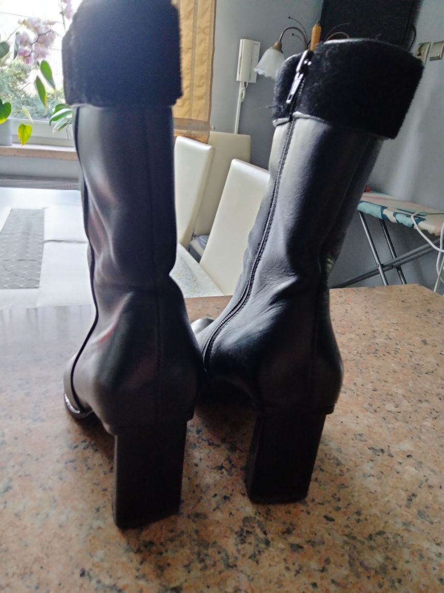 Buty skórzane zimowe damskie na słupku stan db czarne gruba skóra r.37