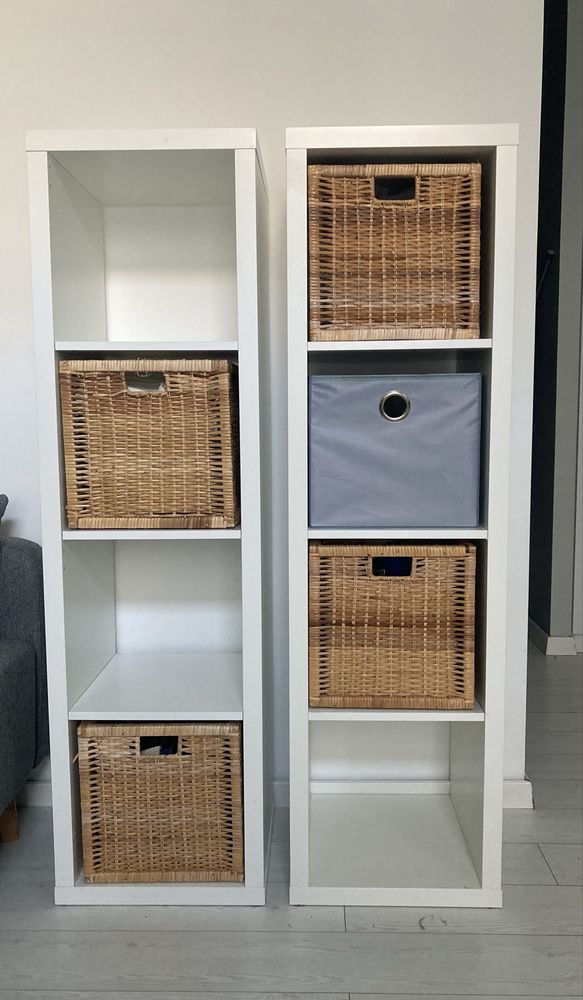 2 regały IKEA Kallax z 4 koszykami rattanowymi + szary koszyk GRATIS