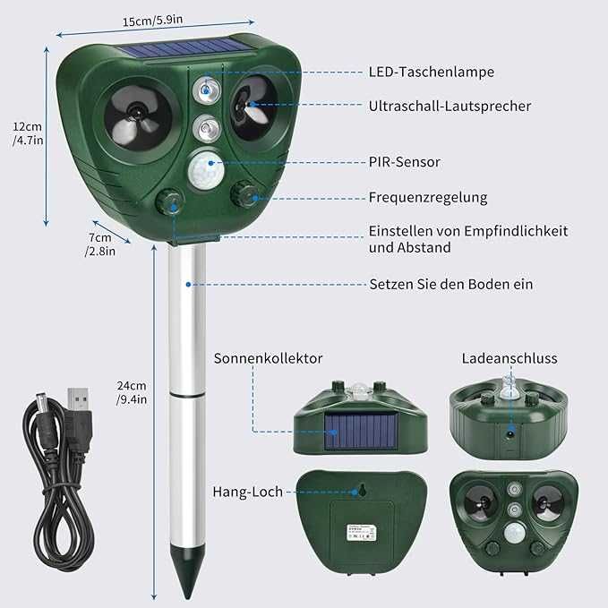 Solarny Ultradźwiękowy Odstraszacz Zwierząt Dioda LED