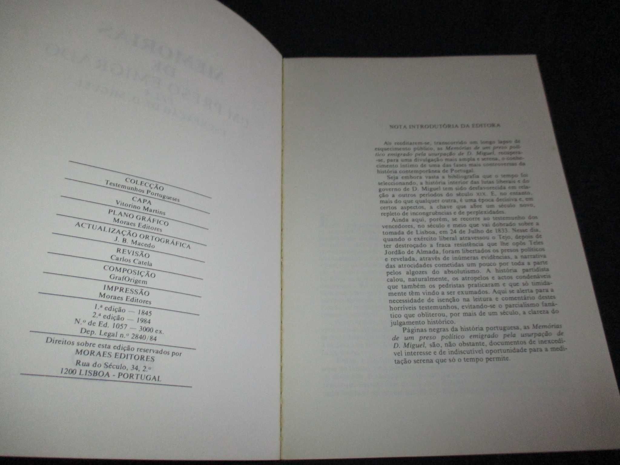 Livro Memórias de um preso emigrado pela usurpação de D. Miguel