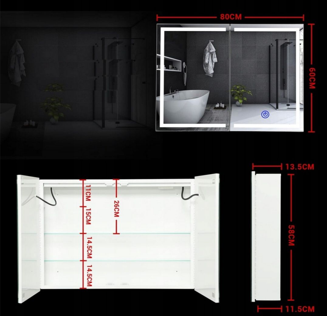 Szafka łazienkowa LED aluminium dotykowa 80/90cmx60cm