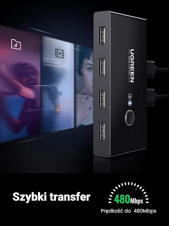 UGREEN Przełącznik USB 2.0 2 w 4 z Kablami do Drukarek i Dysków
