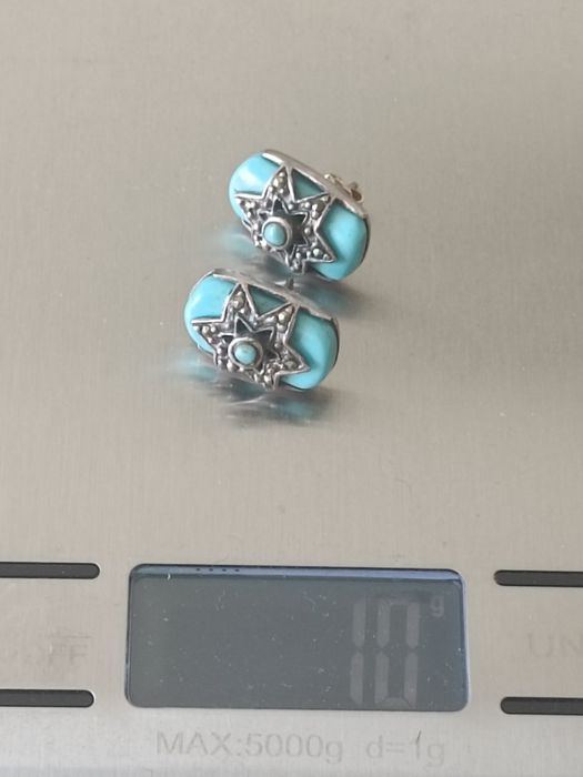 Серьги старинные.Серебро,бирюза, марказиты.Вес 10 грамм