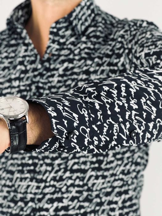 GIOVANNI PERA Koszula męska K012 Pismo, czarna-biała, elastyczna