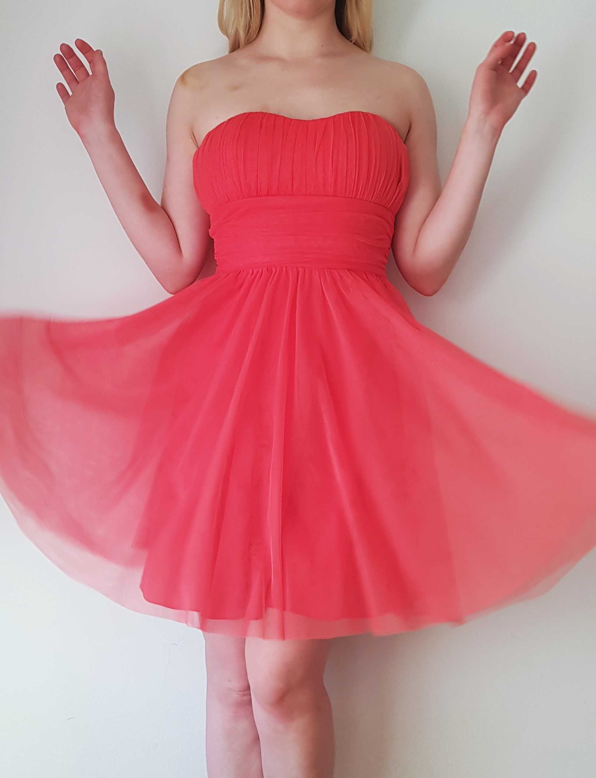 H&M koralowa tiulowa sukienka mini rozkloszowana rozmiar S