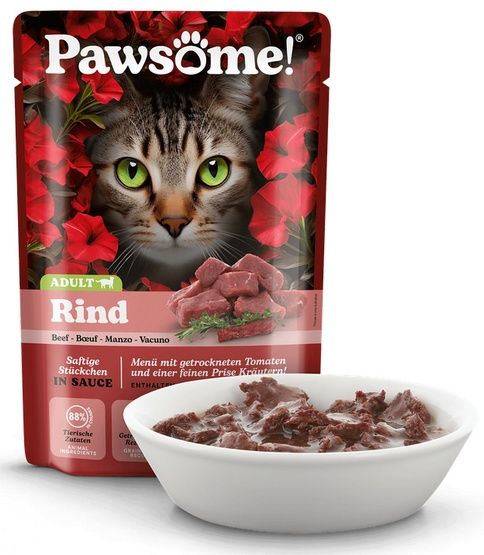 Karma dla kotów bez cukru i zbóż - Pawsome z wołowiną w sosie 85g