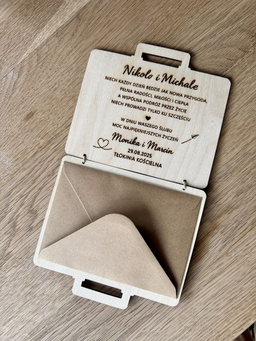 Życzenia kartka prezent teczka torba ślub wesele drewniana 3D