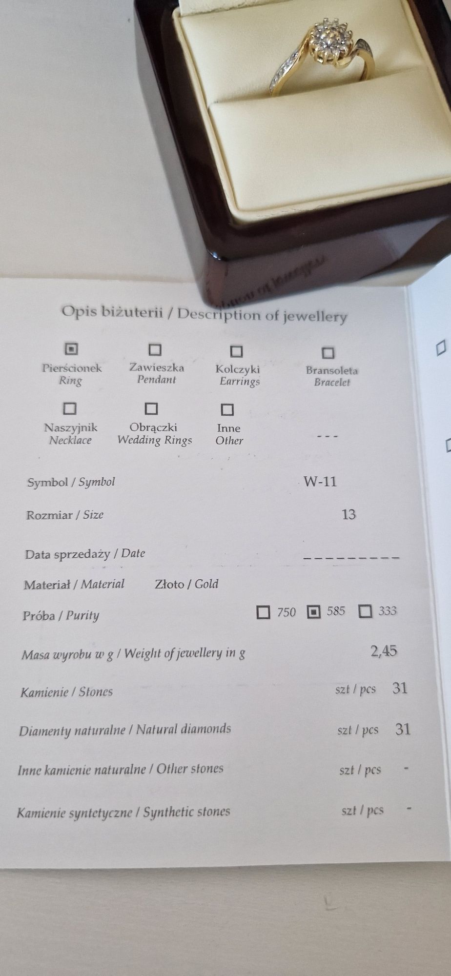 Pierscionek zaręczynowy Diament Brylanty certyfikat Zloto 585 0.26ct