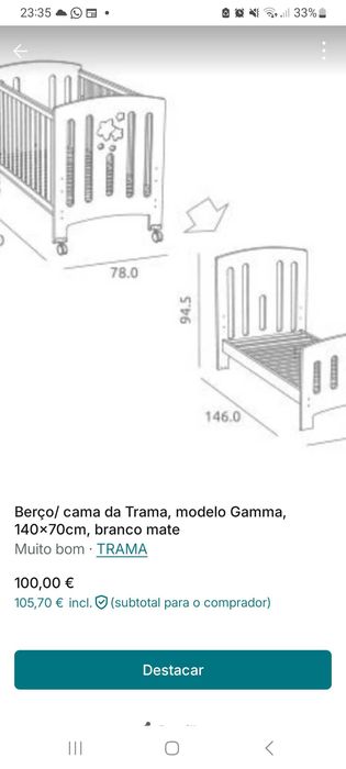 Cama/berço da Trama, modelo Gamma, 140x70cm, branco mate