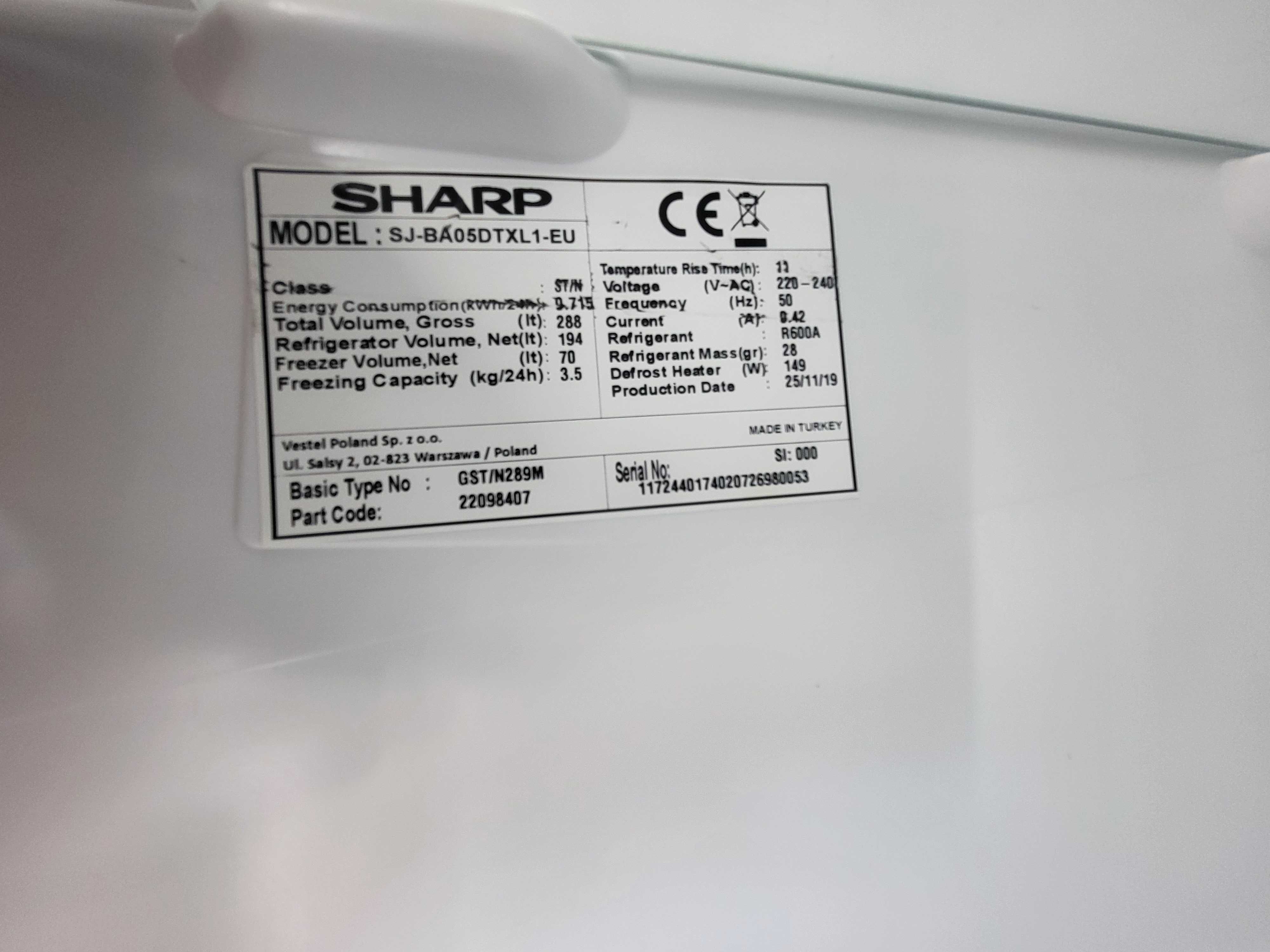 Lodowka sharp 180cm 5letnia