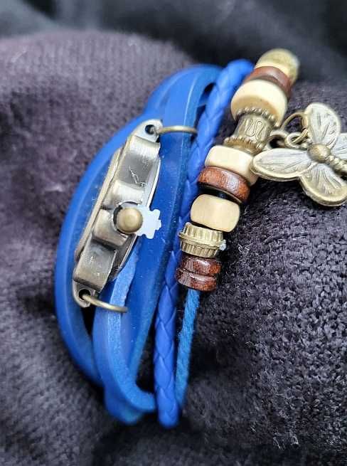 zegarek boho hippie chic niebieski chabrowy rzemyki bransoletka NOWY