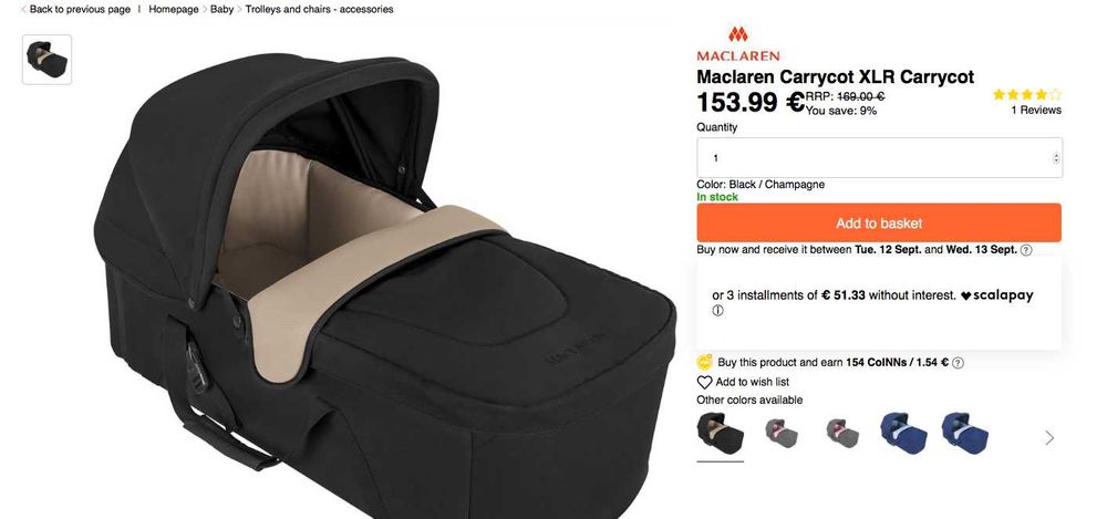 MACLAREN Carrycot ALCOFA preta NOVA/Na caixa