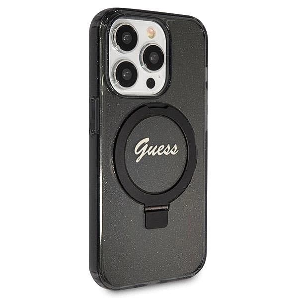 Etui Guess Ring Stand Script Glitter MagSafe na iPhone 14 Pro - czarne