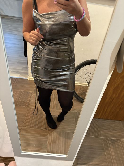 Srebrna wieczorowa włoska sukienka marszczenia ściągacz 38/40/42