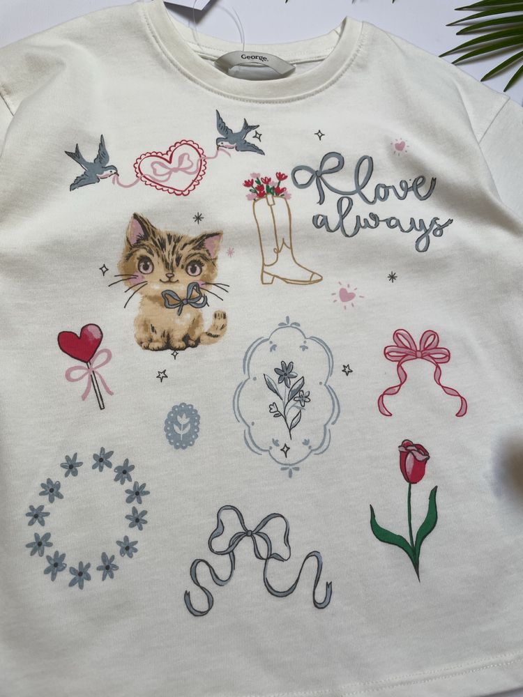 104-110 George bawełniana koszulka tshirt bluzka kot kotek nadruk love