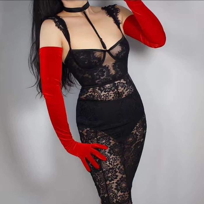 Бархатные фатиновые прозрачные длинные перчатки атласные