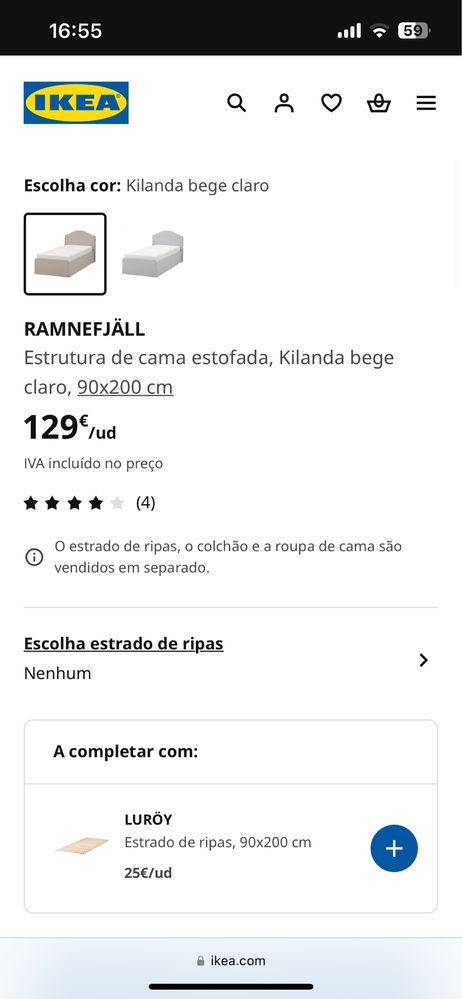 Cama solteiro 90x200