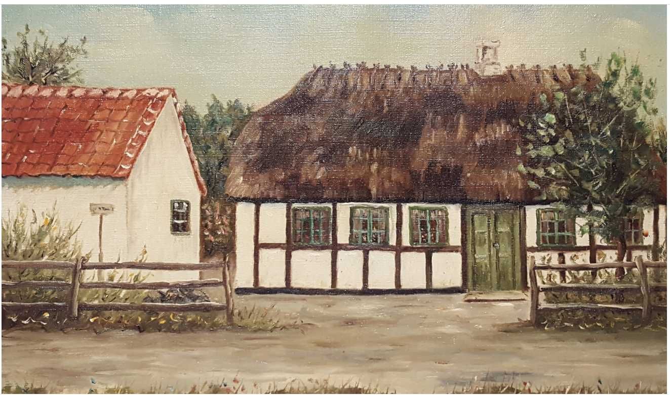 sygnowany, stary obraz olejny „ Domek pod strzechą"