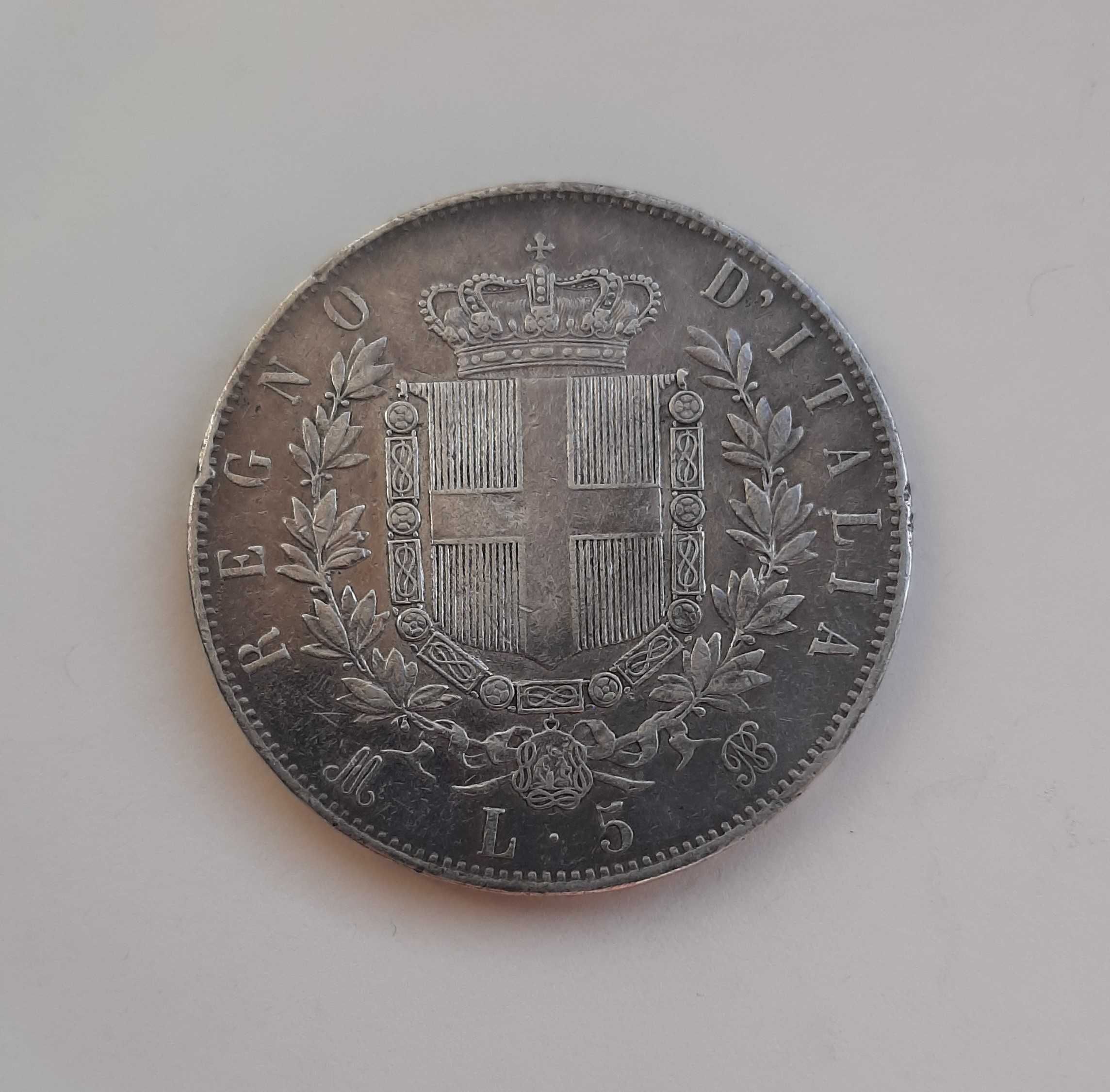 Moneta Włochy 5 lirów 1873 Vittorio Emanuele II - srebro 0.900