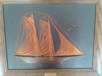 Quadro escultura barco fio de cobre