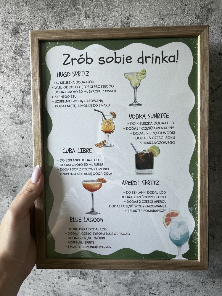 Plakat A4 w ramce drink bar zrob to sam diy na wesele