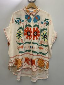 Lniana koszula folk boho kolorowa wzory oversize wiosna lato szeroka