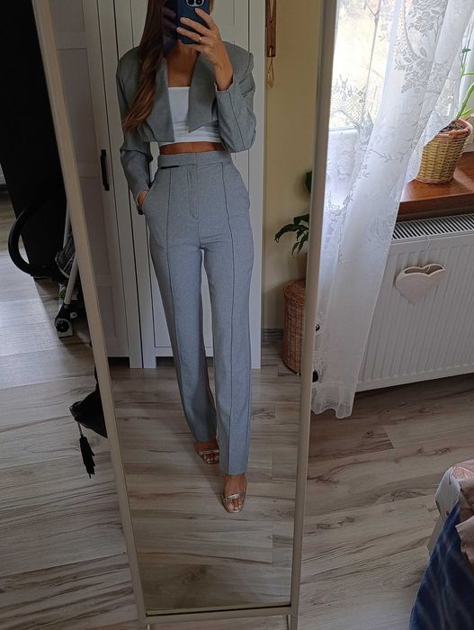 Garnitur damski spodnie marynarka komplet szary dopasowany xs