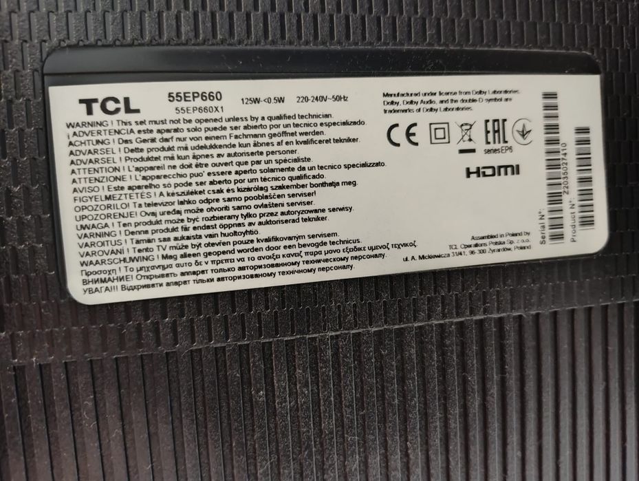 TV  TCL 55 cali, antena i uchwyt w zestawie