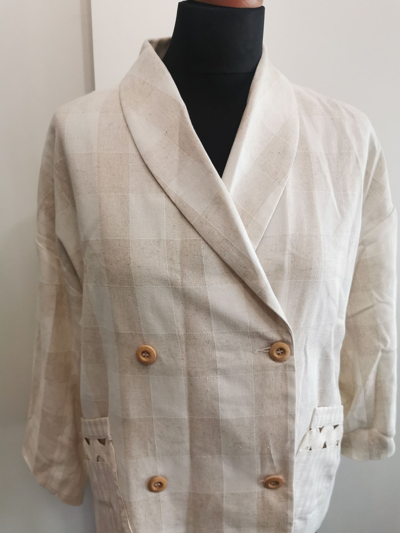 Śliczny marynarka żakiet w kratę beżowo kremową 20% len S/M oversize