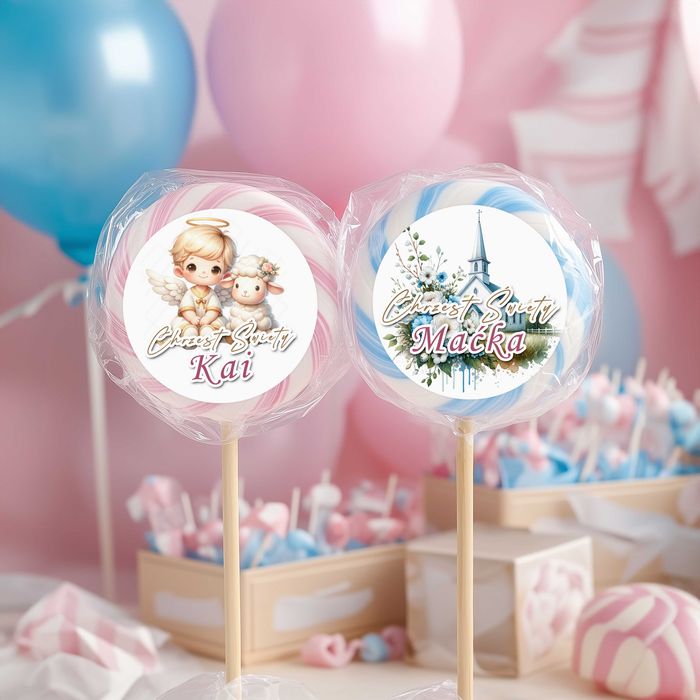 Naklejki okrągłe 50mm na CHRZEST ŚWIĘTY PODZIĘKOWANIE - 24szt