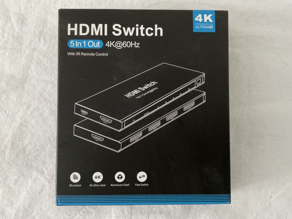 HDMI switch - 1 para 5 portas, com comando - 4K 60Hz - Alumínio