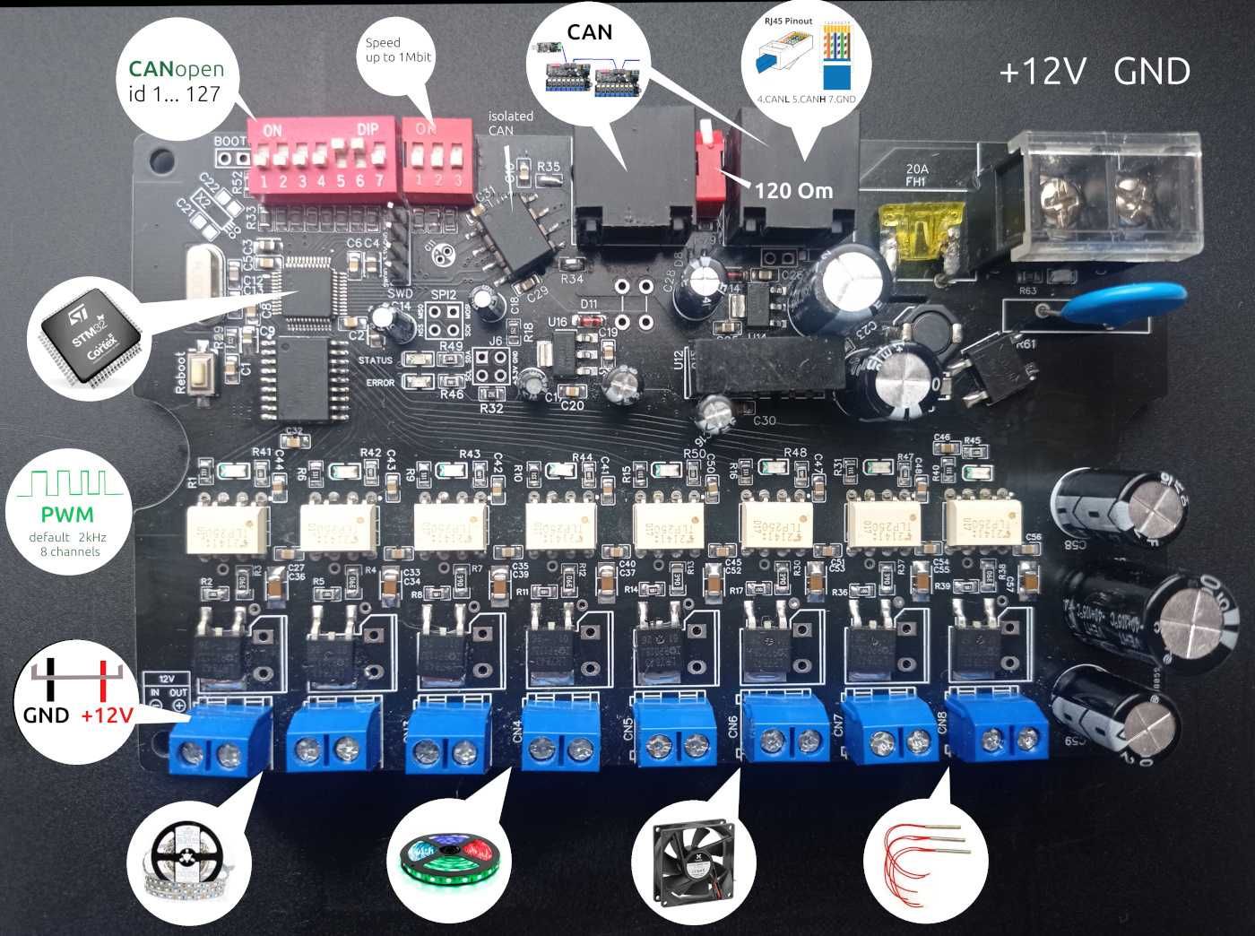 Модуль для управление по СAN  8 диммерами +12В(LED, RGB лент и т.д.)