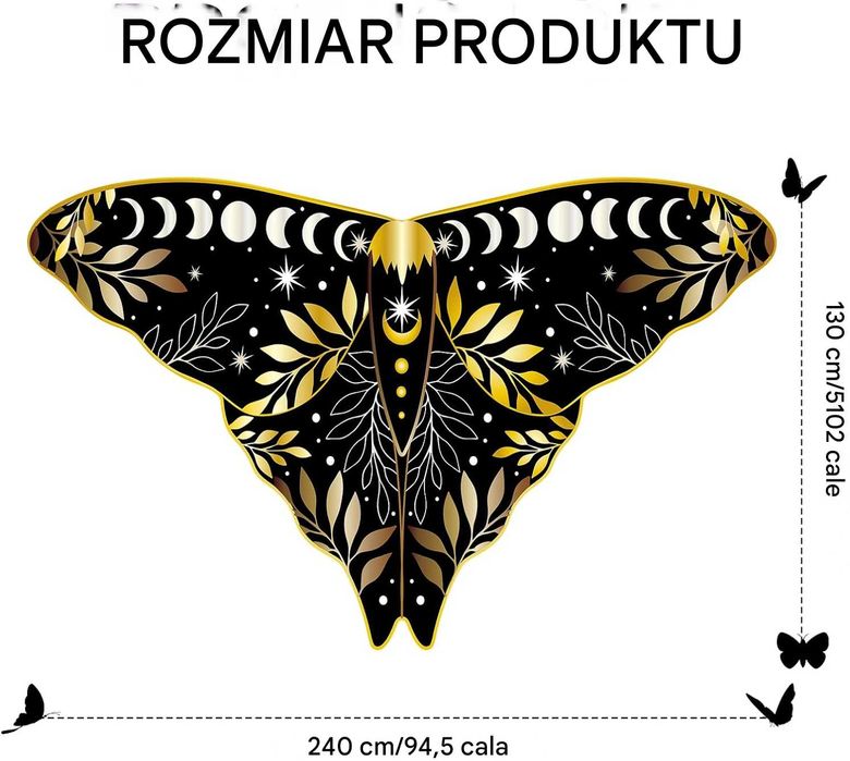Kostium motyla ćmy Czarno-złote skrzydła peleryna z nadrukiem + maska