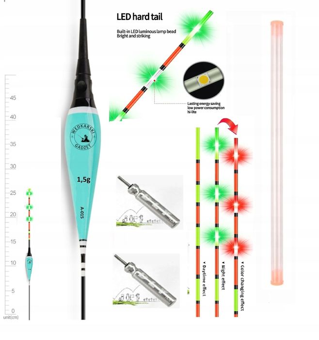 Spławik 1,5 g - 26 cm, 3 Punkty Dwie funkcje Zmiana koloru + 2 Baterie